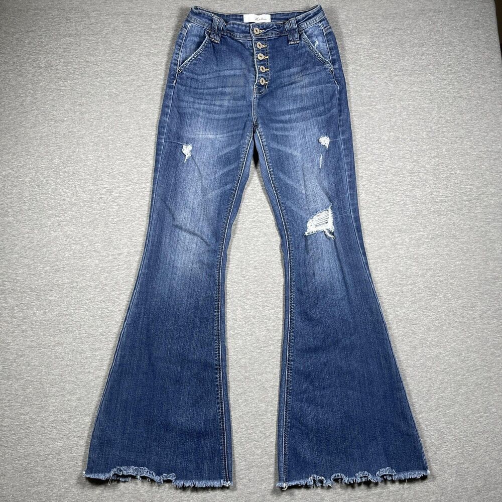 KanCan Jeans Juniors 5/26 Blue Flared Mid Rise Distressed Button Fly